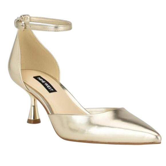 Nine West Womens Racha High Heels US 7.5 M Gold Vegan Leather Closed Toe NIB - Picture 1 of 12